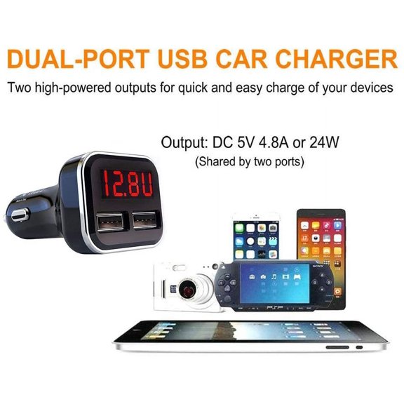 BVIUFI-4.8A 24W Dual USB Car Charger Volt Meter Car Battery Monitor with LED Voltage & Amps Display in Red LED, Cigarette Lighter Voltage Meter, Compatible with iPhone 15 Pro Max Samsung Galaxy S24