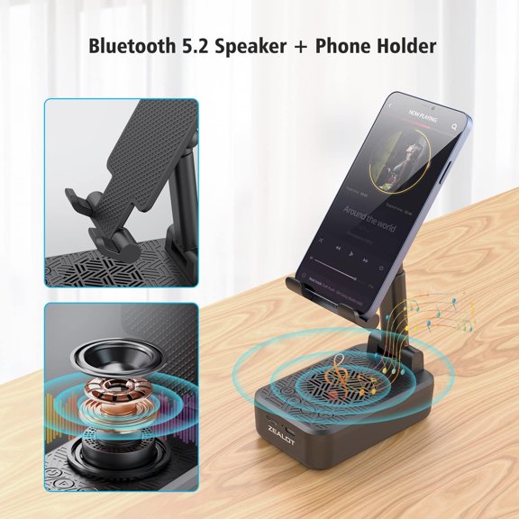 BVIUFI-Cell Phone Stand with Wireless Bluetooth Speaker, Phone Holder and Wireless Induction Speaker Amplifier Dock Compatible with iPhone/ipad/Samsung,Gifts for Women Men Dad Him Her-Black
