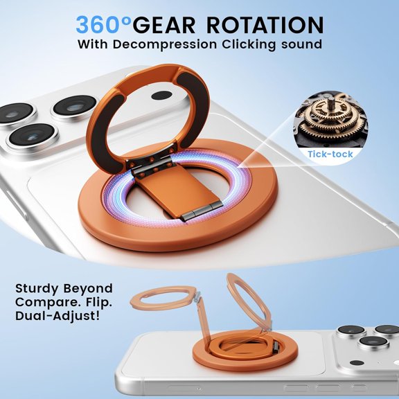 BVIUFI-Double Sided Magnetic Kickstand,360Rotation Cell Phone Grip Stand Finger Ring for iPhone 17 Pro Max 16 15 14 13 12 MagSafe Accessories,Fit Magnetic Car Mount,Orange