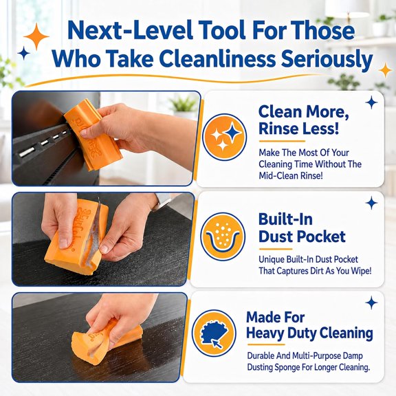 BVIUFI-Dust Sponge & Damp Duster with Dust Pocket Reusable Dust Remover and Dusting Sponge for Baseboards, Blinds, Vents, Shelves, Home & Car Interior Cleaning