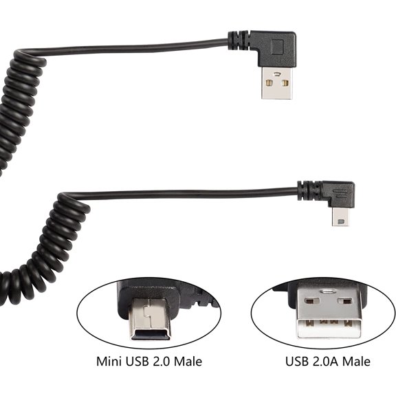 BVIUFI-Mini USB Coiled Cable, Right Angle Sync & Charging Spring Spiral Cord for Mini USB Devices (1.54ft to 3.94ft)