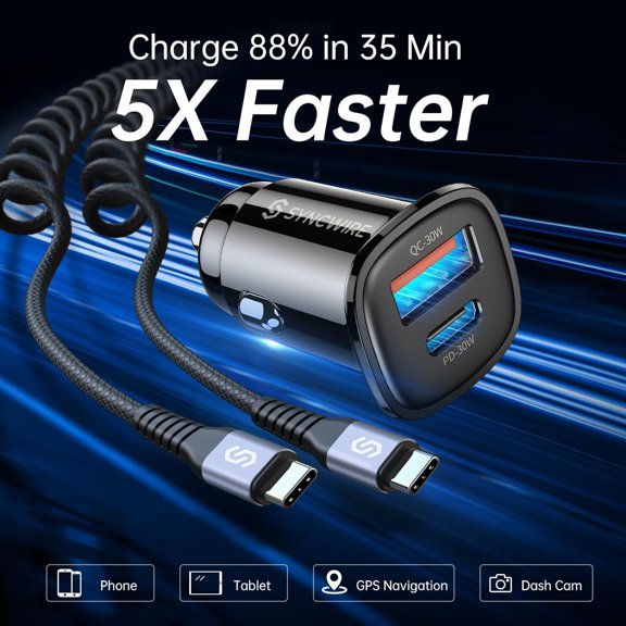 BVIUFI-Syncwire USB C Car Charger 60W [PD 30W & QC 30W] Fast Charging USB Adapter with 5FT Type C Coiled Cable Compatible with iPhone 16/16 Plus/16 Pro/16 Pro Max/Galaxy S23/S22/ Google Pixel 7/7Pro