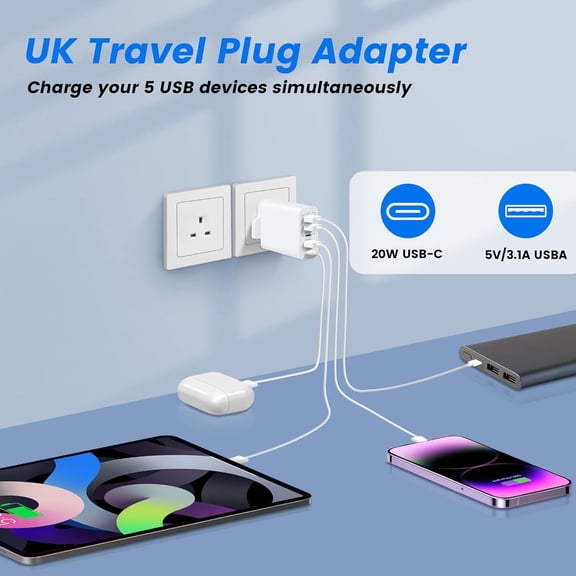BVIUFI-UK Ireland USB C Charger Block, 65W 6.6A 2 USB C 3 USB A Ports Plug for England Ireland Hong Kong, Type G Adapter Compatible for iPhone 16 15 14 13 12 11 Pro Max XS XR X SE Plus, Samsung