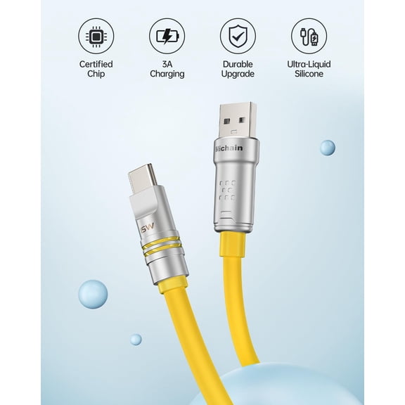 BVIUFI-USB A to C Charging Cable 6.6 FT, Yellow USB C Cable Extra Thick, Silicone USB C Charging Cable Data Transfer Cord for iPhone Galaxy Android