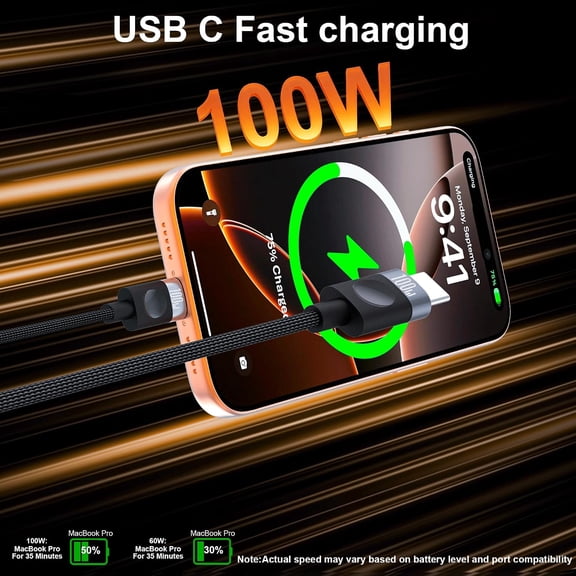 BVIUFI-USB C to USB C Cable, 100W Fast Charging Cable, 2-Pack, 10ft, Black