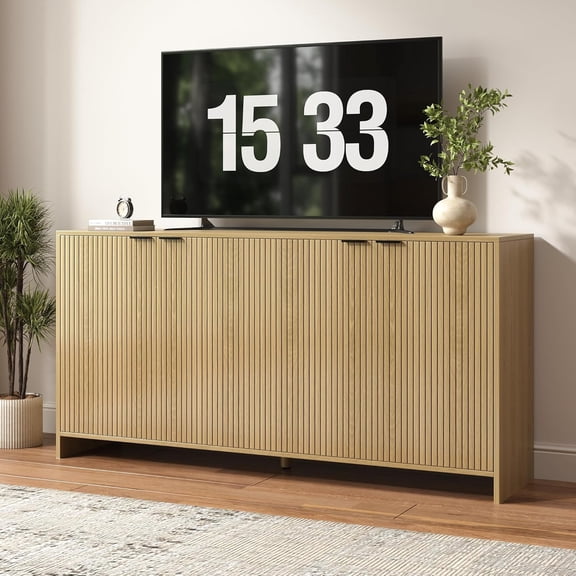 BVIUNTWO Fluted TV Stand for TVs up to 70",Modern TV Console with Storage Cabinet,Entertainment Center with 4 Doors & Adjustable Shelves for Living Room, Natural Oak