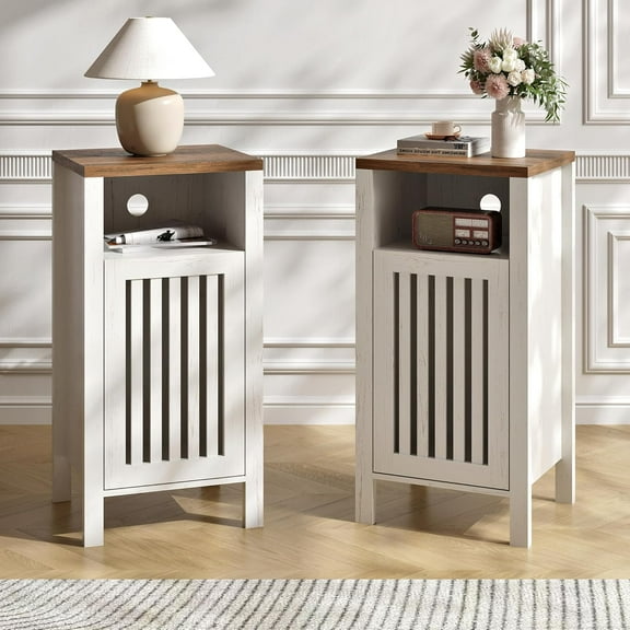 BVIUNTWO Set of 2 End Table, Farmhouse Sofa Table with Grille Door, Side Tables for Living Room, Bedroom, White