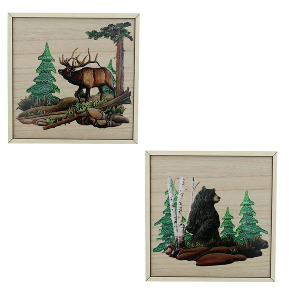 BVLFOOK DIY Wood and Metal Cabin wall Art Decor with Bear and Moose - Woodland Rustic Hanging Wall Decoration for Home, Log Cabin, Hunting Mountain Lodge, Metal Wildlife Theme Decor Set of 2