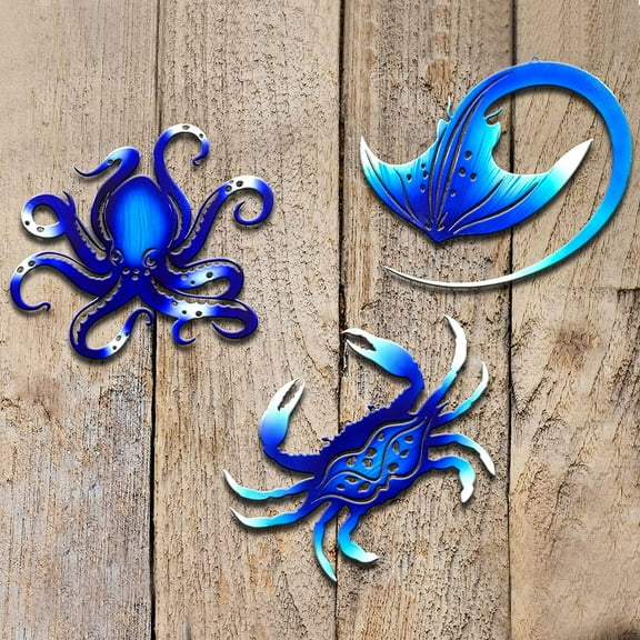 BVLFOOK Metal Wall Art Decor Octopus Crab Manta Ray Coastal Nautical Ocean Decor Concise 9'' Set of 3 Hanging Decorations for Bathroom Beach Indoor Outdoor Pool Home Bedroom Living Room Blue