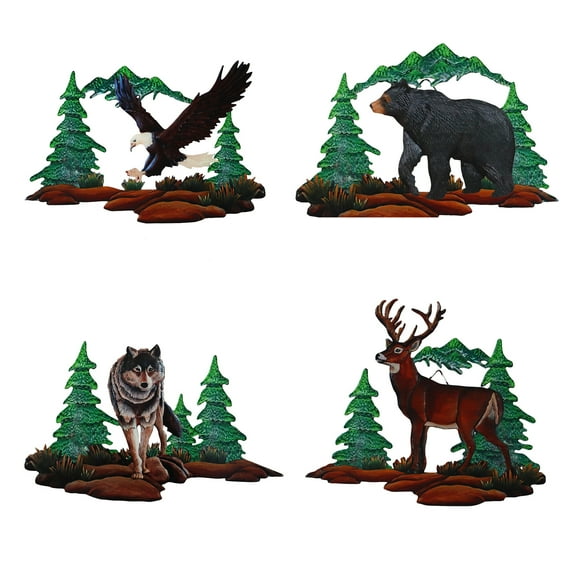 BVLFOOK Metal Wall Art Wolf Moose bear eagle Wolf Tree Wall Decor Hanging Forest Decor Rustic Cut Metal Art Metal Wall Decor for Home Decor Collection Decorations Wall Plaque Art Set of 4