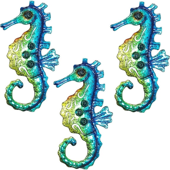 BVLFOOK Seahorse Wall Art Decor, Metal Coastal Ocean Decor Beach Themed Decoration for Bathroom Bedroom Fence Home Indoor Outdoor, Nautical Tropical Decor, set of 3, 10 inch