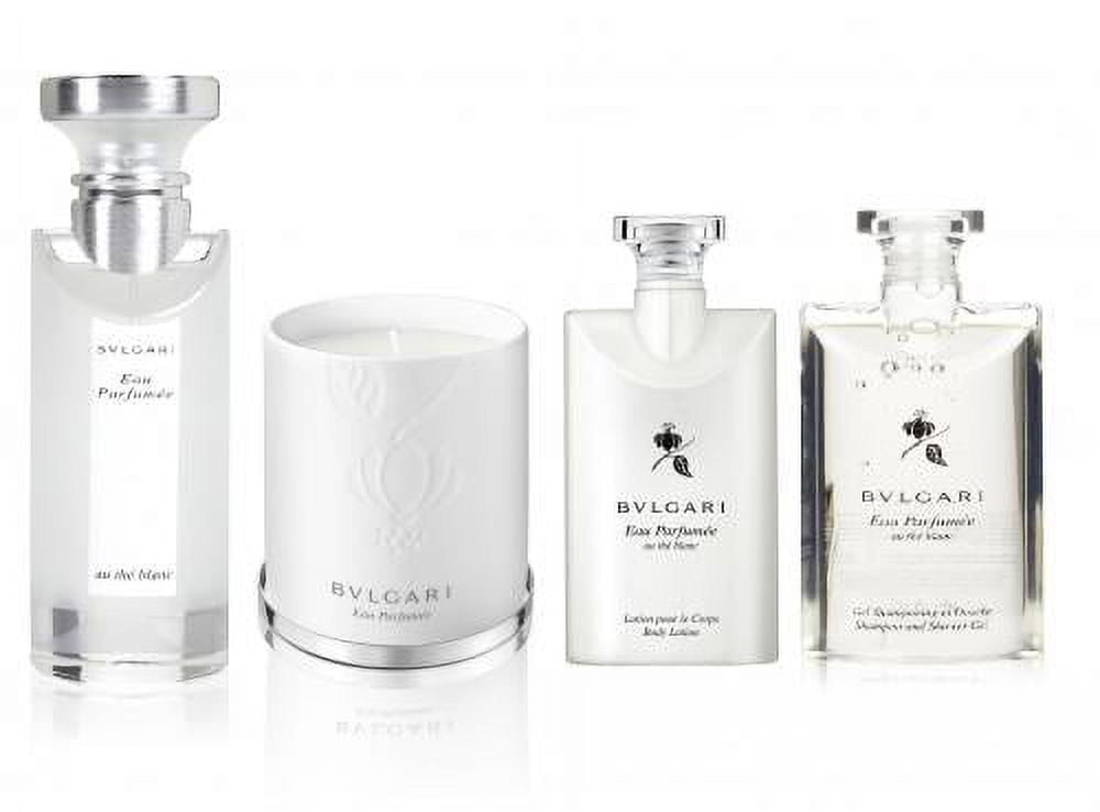 BVLGARI EAU PARFUMEE AU THE BLANC 4 PCS SET: 2.5 EDC SP and 2.5 BODY LOTION  and 2.5 SHAMPOO and SHOWER GEL and 8.1 SCENTED CANDLE 