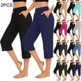 thumbnail image 1 of BVOFAR 2 Pack Capri Pants for Women Stretchy Straight Leg Running Cropped Pant Comfy High Waist Yoga Trousers with Pockets Blue L, 1 of 10