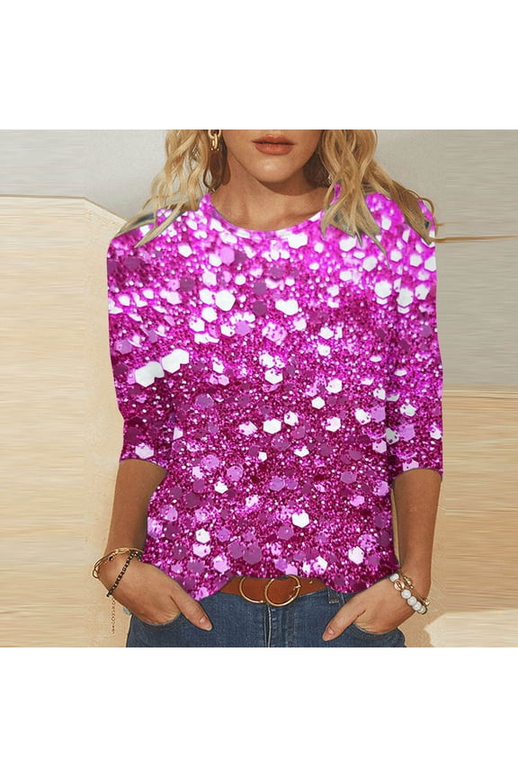 3/4 Sleeve Sequin Tops for Women Sparkle Glitter Party Shirts Plus Size Round Neck Loose Fit Blouses 2025