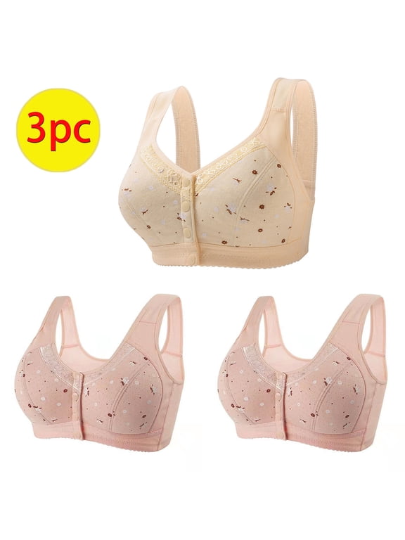 3 Pack Daisy Bras for Older Women 2025 Front Closure Plus Size Bra Comfortable Full Support No Underwire Bras Everyday Gather Bra