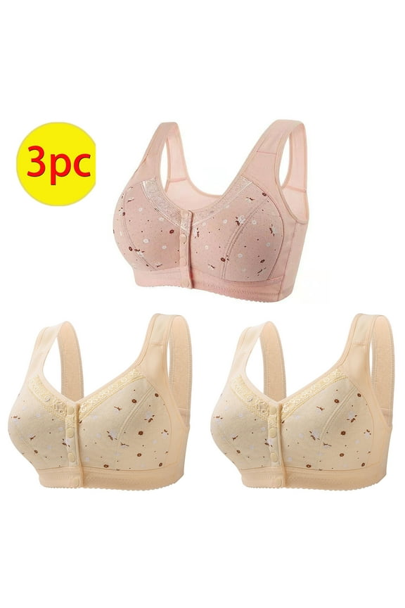3 Pack Daisy Bras for Older Women 2025 Full Support Front Closure Bra Cotton Soft Comfortable Bras Plus Size No Underwire Bras