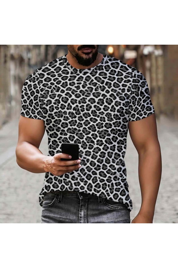 Adult Short Sleeve T Shirts Slim Fit Crewneck Funky T-Shirt Fitted Gym Workout Shirt Funny Leopard Graphic Tees Camiseta Gray XXL