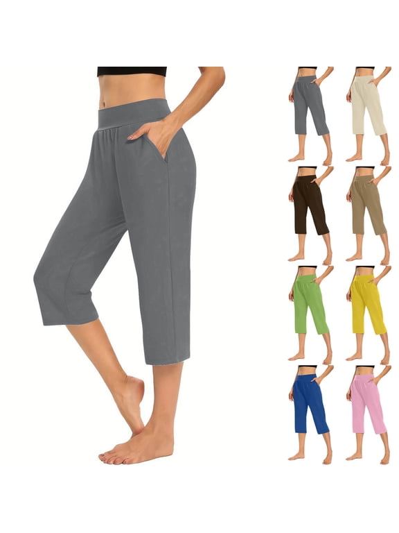 Athletic Capri Pants for Women Stretchy High Waist Yoga Capris 3/4 Length Workout Cropped Pant with Pockets Coffee M