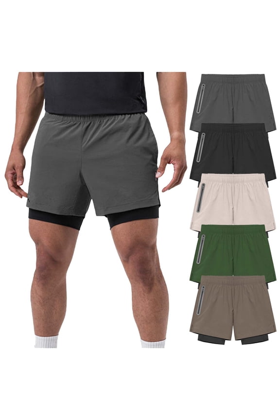 Athletic Running Shorts for Men with Build-in Liner 7 Inch Inseam Elastic Waisted Shorts Zipper Pockets Moisture Wicking Gym Shorts Beige M