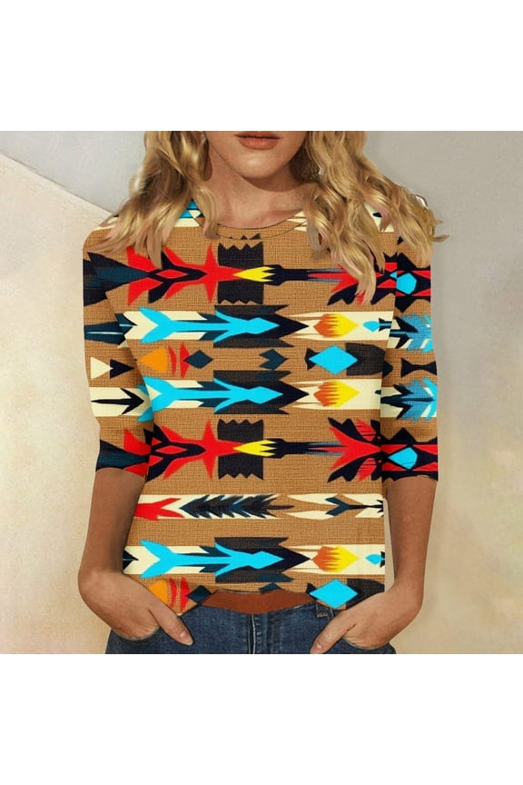Aztec Western Ethnic Shirts for Women Retro Geometry Print Tops Crew Neck Casual 3/4 Sleeve Blouses Plus Size Loose Fit T-Shirts
