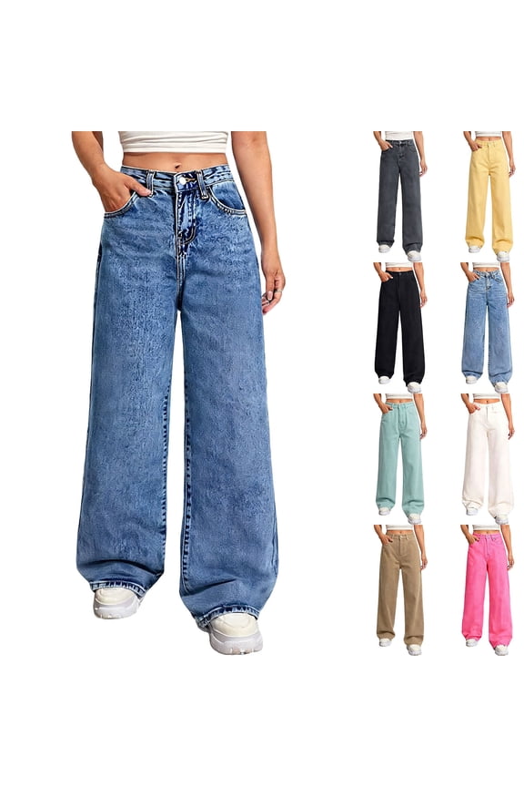 Baggy Jean for Women High Rise Wide Leg Denim Pants Solid Color Boyfriend Jeans with Pockets Pink M