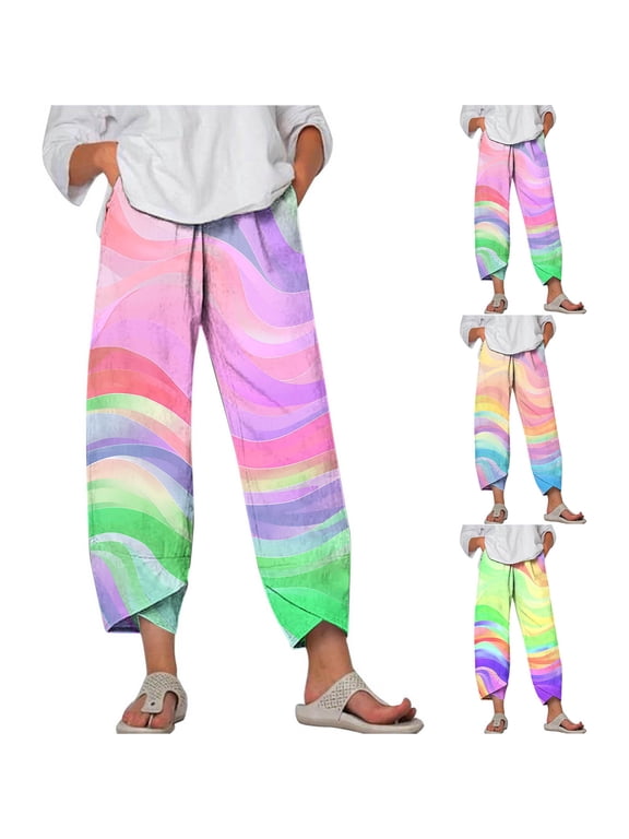 Barrel Pants for Women High Waisted Wide Leg Harem Pant Casual Summer Plus Size Pull On Trousers Funny Gradient Loose Fit Palazzo Trouser Yellow XL
