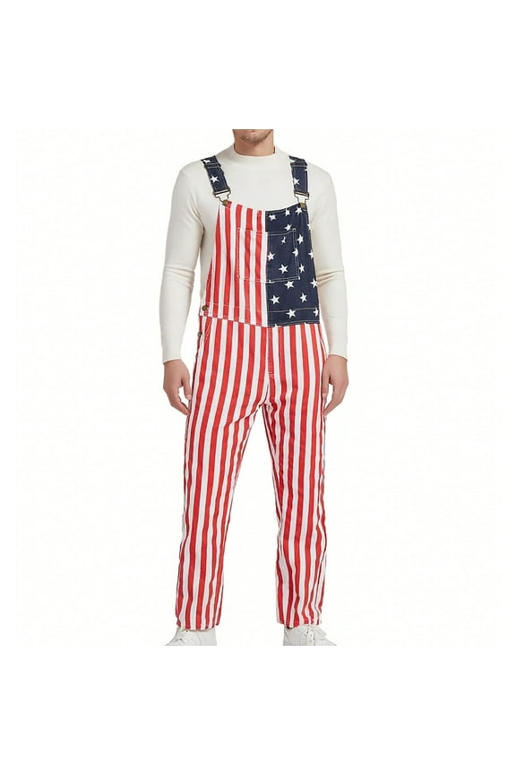 Bib Overalls for Men Women Big and Tall Adjustable Straps Jumpsuit American Flag Coveralls with Pockets Red White Blue Stripes Coverall