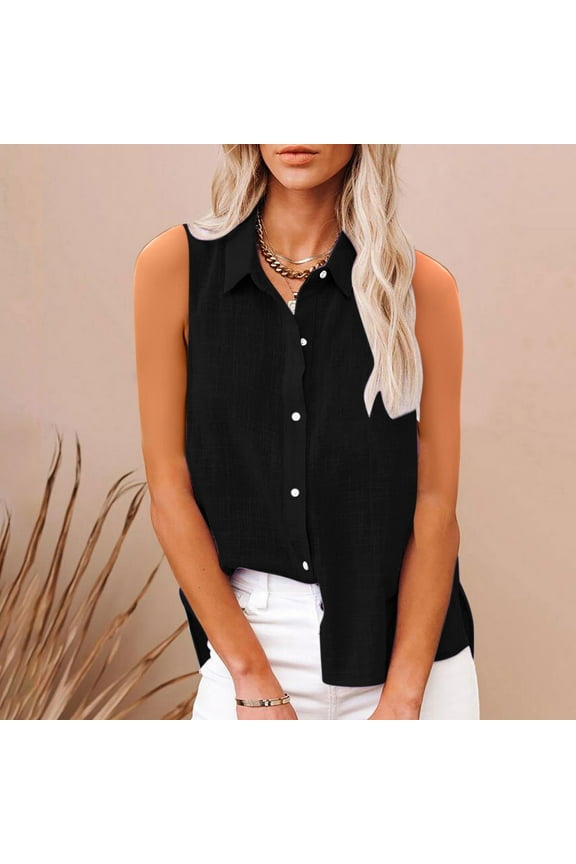 Button Down Shirts for Women Cotton Linen Casual Solid Color Tops Summer Sleeveless Lapel Collar Side Split Blouses Going out Bussiness Basic Tees