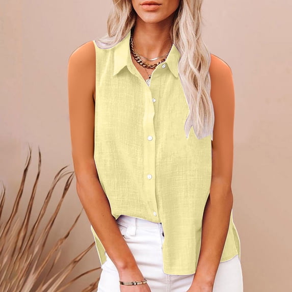 BVOFAR Button Down Shirts for Women Cotton Linen Casual Solid Color Tops Summer Sleeveless Lapel Collar Side Split Blouses Going out Bussiness Basic Tees