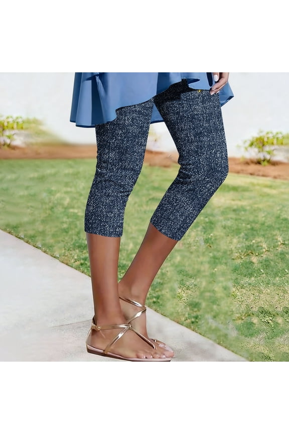 Capri Leggings for Women Denim Print Fake Jogging Stretchy High Waisted Cropped Pant Casual Summer Pull On Pedal Pushers Navy XXL