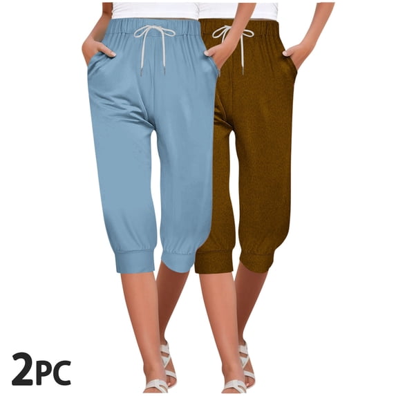 BVOFAR Capri Pants for Women 2 Pack Loose Fit Drawstring Running Crop Joggers Lightweight Straight Leg Athletic Pant with Pockets Summer Casual Cropped Trousers Multicolor XL