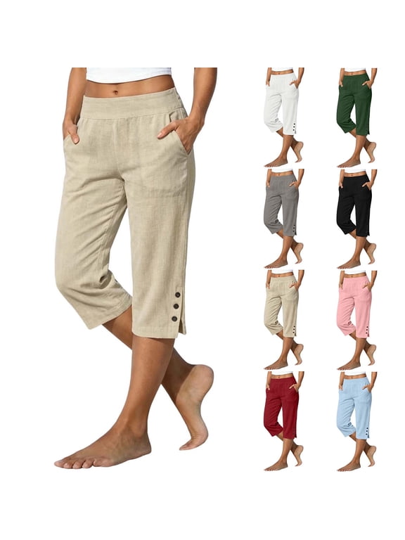 Capri Pants for Women Dressy Loose Straight Leg Capris Casual Side Split Elastic High Waisted Crop Trousers with Pockets Ladies Slacks Gray S
