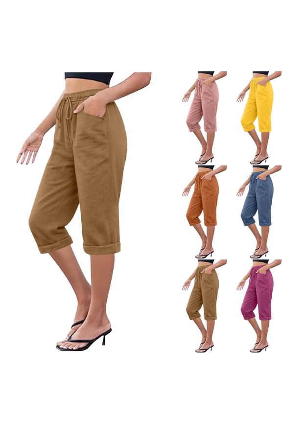 Capri Pants for Women Stretch Drawstring Pull On Pedal Pushers Loose Fit Wide Leg Capris Fashion Rolled Hem Casual Pant with Pockets Pink L