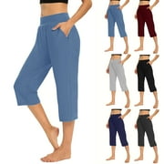 BVOFAR Capri Pants for Women Summer Casual Pull On Yoga Pant with Pockets Stretchy Elastic Waistband Pedal Pushers Loungewear Navy M