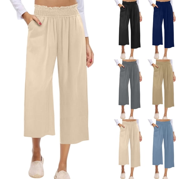 BVOFAR Capri Pants for Women Wide Leg Smocked High Waist Capris with Pockets Comfy Athletic Workout Crop Pant Beige M