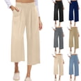 thumbnail image 1 of BVOFAR Capri Pants for Women Wide Leg Smocked High Waist Capris with Pockets Comfy Athletic Workout Crop Pant Khaki M, 1 of 6