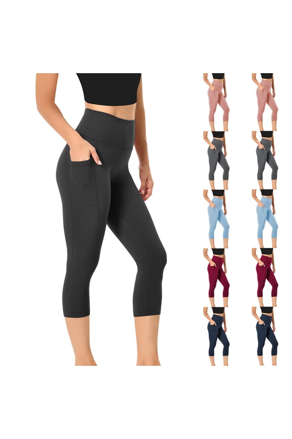 Capri Yoga Pants for Women with Pockets Stretch High Waisted Workout Leggings Tummy Control Capri Legging Fitness Gym Trousers Black XS
