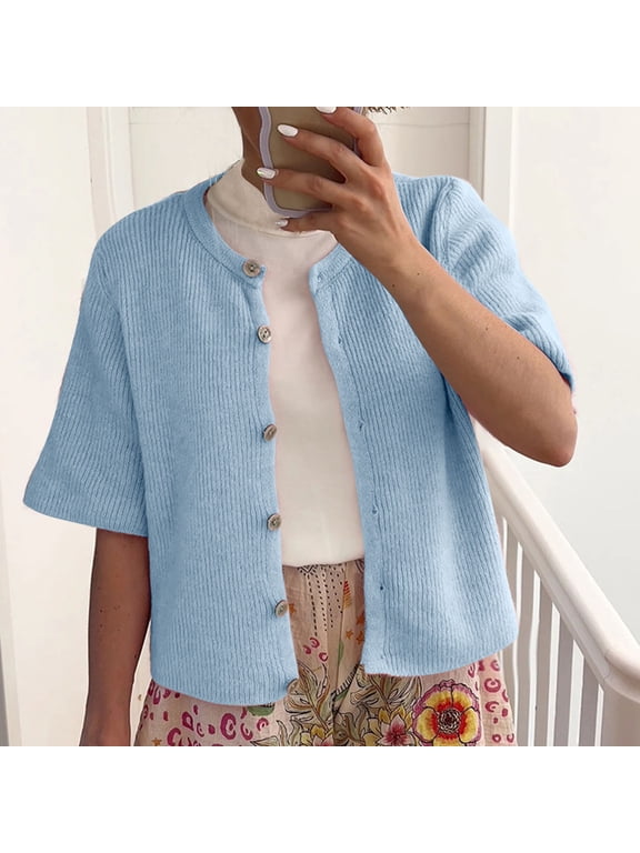 Cardigan Sweaters for Women Soft Short Sleeve Ribbed Knit Cardigan Cozy Button Up Solid Color Tops Fall Lightweight Sweater