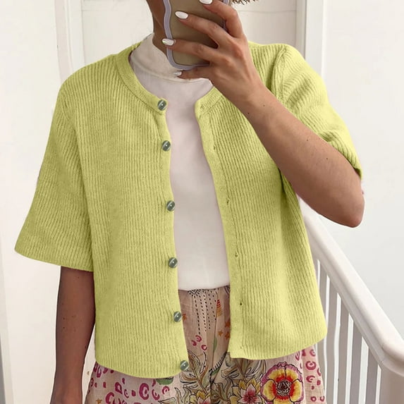 BVOFAR Cardigan Sweaters for Women Soft Short Sleeve Ribbed Knit Cardigan Cozy Button Up Solid Color Tops Fall Lightweight Sweater