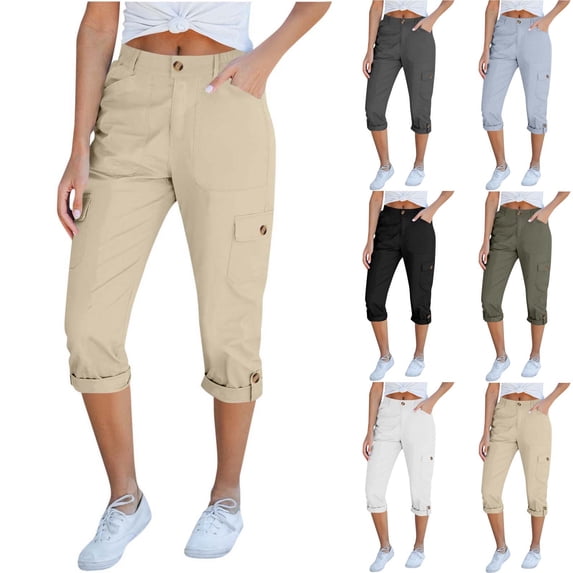 BVOFAR Cargo Capri Pants for Women Chino High Waist Crop Pant with Pockets Dressy Rolled Hem Capris Business Casual Straight Leg Trousers Black S