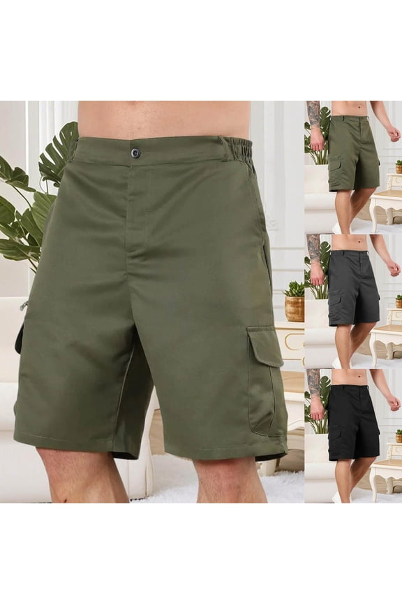 Cargo Shorts for Men 9" Inseam Stretchy Hiking Shorts Elastic Waist Bermuda for Outdoor Camping Travel Black L