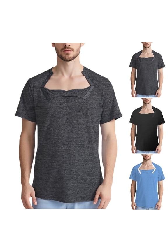 Chemo Shirts for Men Port Access Chemotherapy T-Shirt Post Shoulder Surgery Recovery Shirt Tear Away Side Zippers Off Full Open Chemo Clothing Blue L