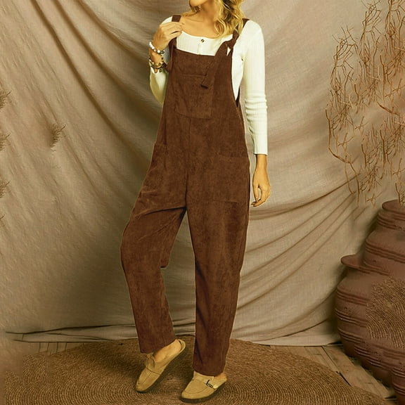 BVOFAR Corduroy Overalls for Women Solid Color Wide Leg Romper Casual Sleeveless One Piece Jumpsuits with Pockets
