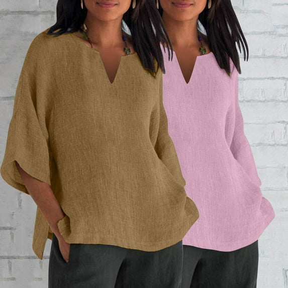 BVOFAR Cotton Linen 3/4 Sleeve Shirts for Women Solid Color Notch V Neck Tops Summer Plus Size T-Shirts Casual Loose Fit Tees 2 Pcs