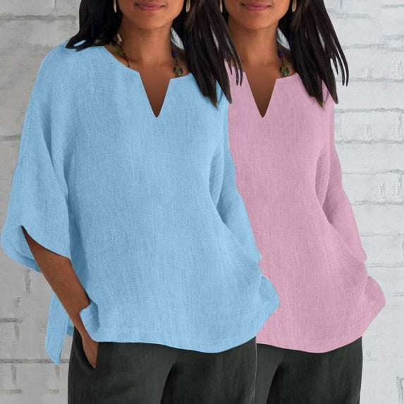 BVOFAR Cotton Linen 3/4 Sleeve Shirts for Women Solid Color Notch V Neck Tops Summer Plus Size T-Shirts Casual Loose Fit Tees 2 Pcs