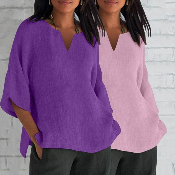 BVOFAR Cotton Linen 3/4 Sleeve Shirts for Women Solid Color Notch V Neck Tops Summer Plus Size T-Shirts Casual Loose Fit Tees 2 Pcs