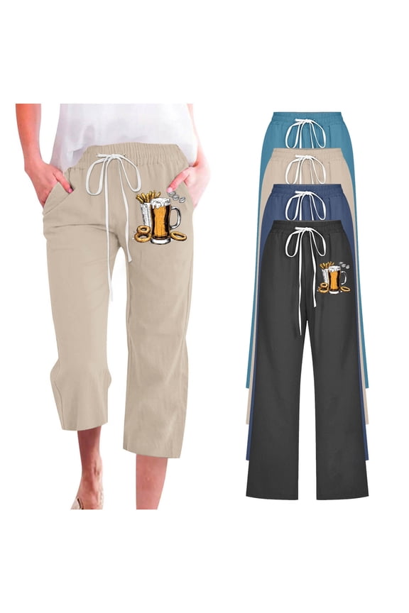 Cotton Linen Capri Pants for Women Casual Summer Beer Graphic Drawstring Capris Loose Fit Wide Leg Crop Trousers with Pockets Navy L