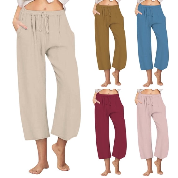 BVOFAR Cotton Linen Capri Pants for Women Comfy Pull On Cropped Trousers with Pockets Drawstring Wide Leg Pedal Pushers Beach Vacation Outfits Blue M