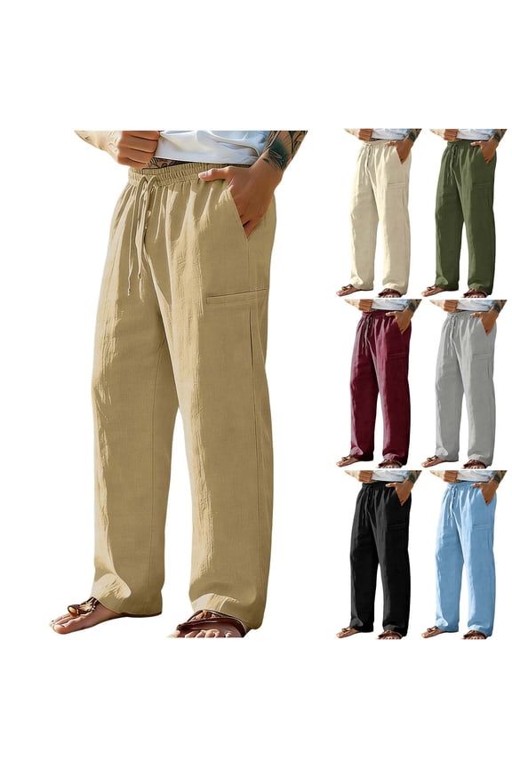 Cotton Linen Pants for Men Loose Solid Color Drawstring Trousers with Pockets Lightweight Elastic Waist Trouser Summer Beach Pant Army Green M