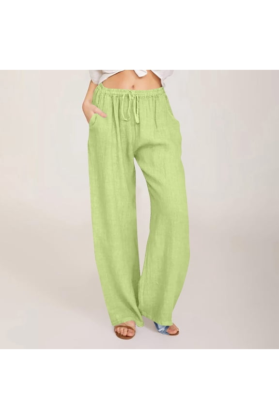 Cotton Linen Pants for Women 2025 Summer Drawstring Waist Wide Leg Pants with Pockets Casual Loose Beach Palazzo Pants
